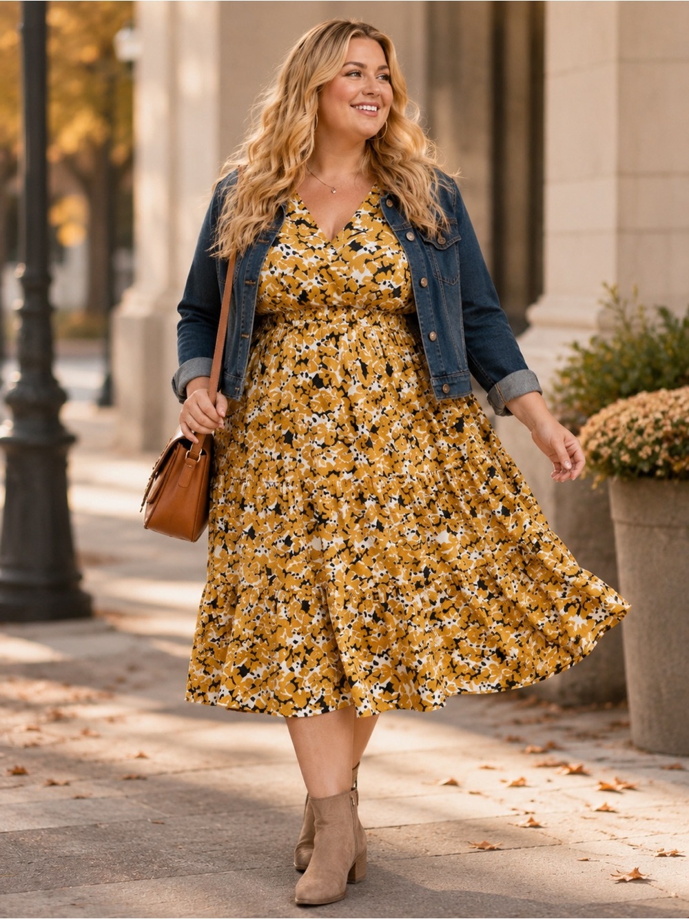 Hayden Floral Midi Dress Plus Size 1XL Mustard Yellow Boho Fall Transition Dress